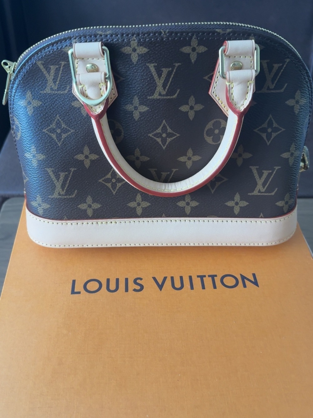 Louis Vuitton Monogram Alma BB Satchel in Brown with Cream Trim
